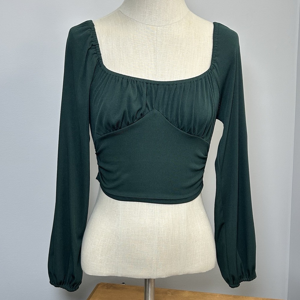 Women's XS  Long Sleeve Crop Top ~ Sweetheart Neck Balloon Sleeve - Kelly Green